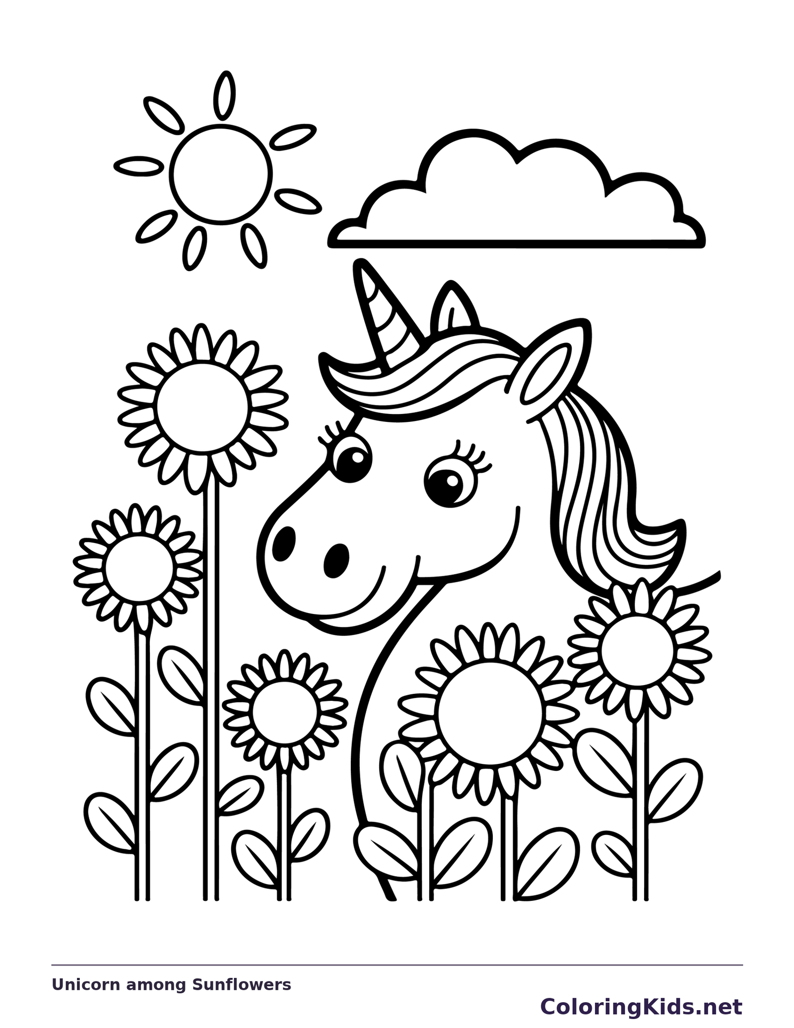 Unicorn among Sunflowers coloring page | ColoringKids.net
