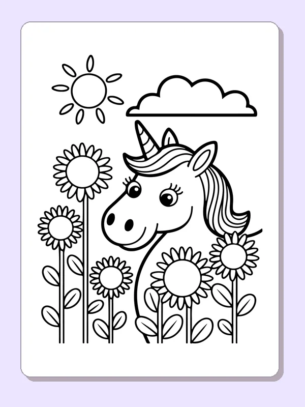 Black and white printable drawing of unicorn among sunflowers