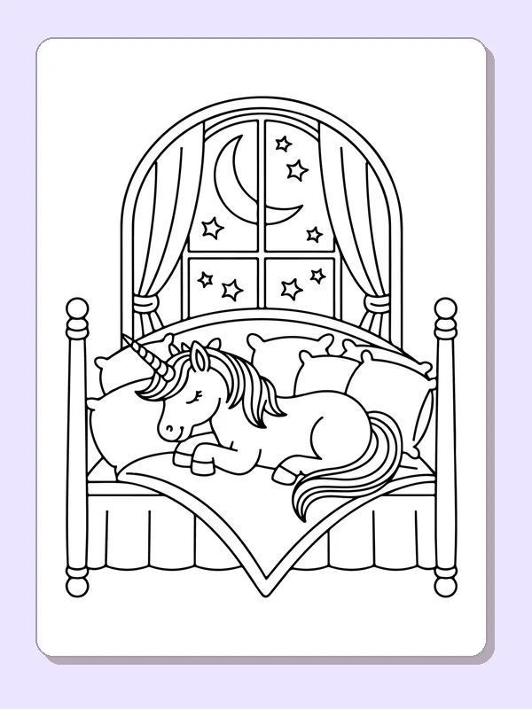 Black and white printable drawing of unicorn asleep in a cozy bed