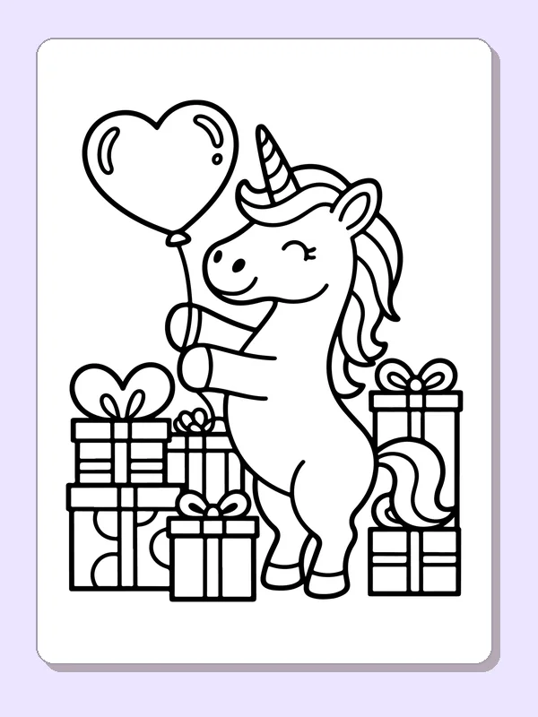 Black and white printable drawing of unicorn with balloon and gifts
