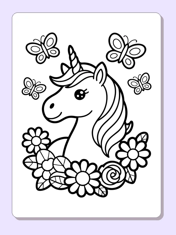 Black and white printable drawing of unicorn with butterflies and flowers