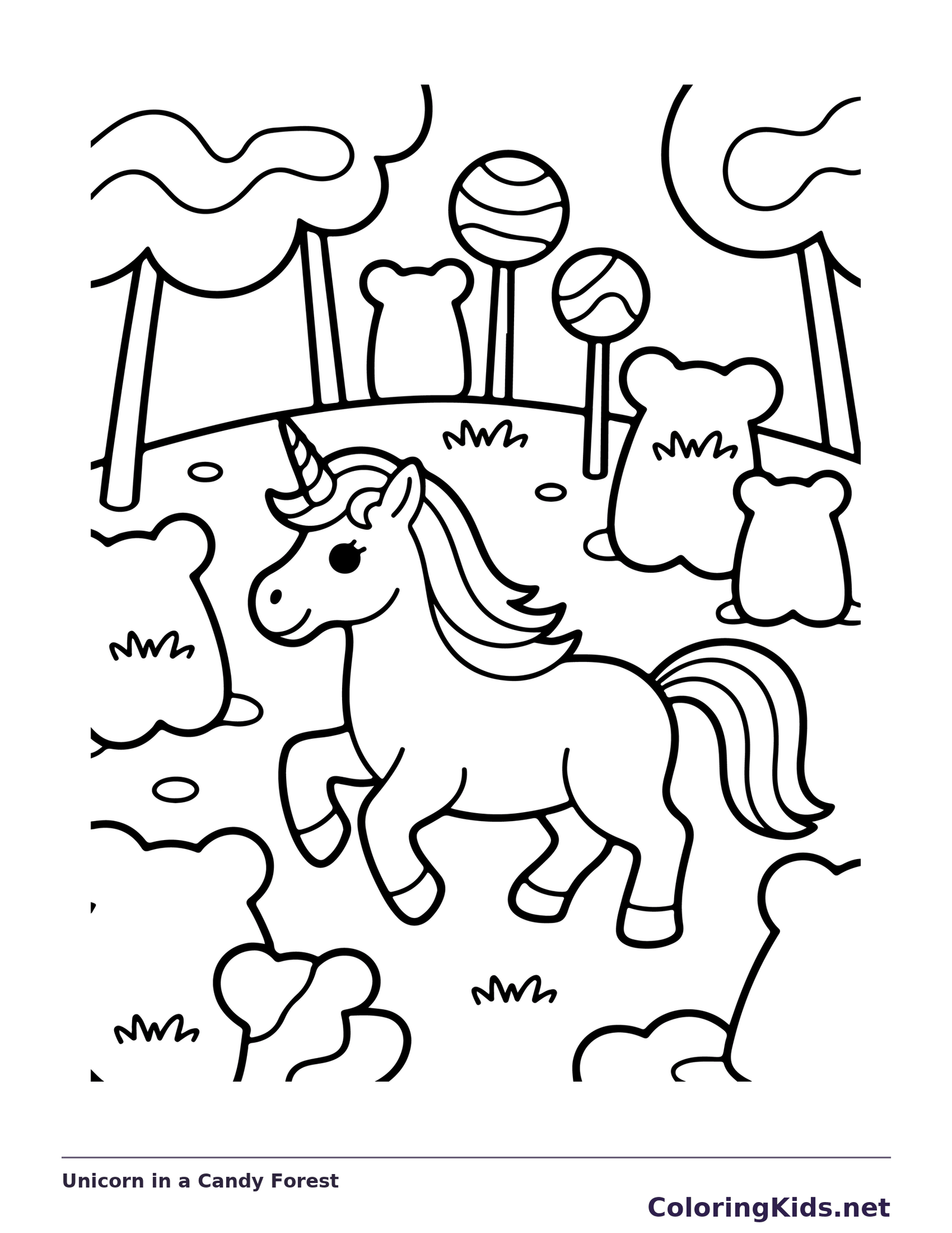 Black and white printable drawing of unicorn in a candy forest