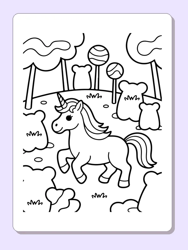 Black and white printable drawing of unicorn in a candy forest