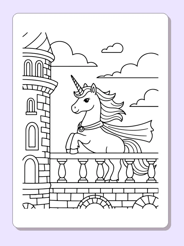 Black and white printable drawing of unicorn on a castle balcony