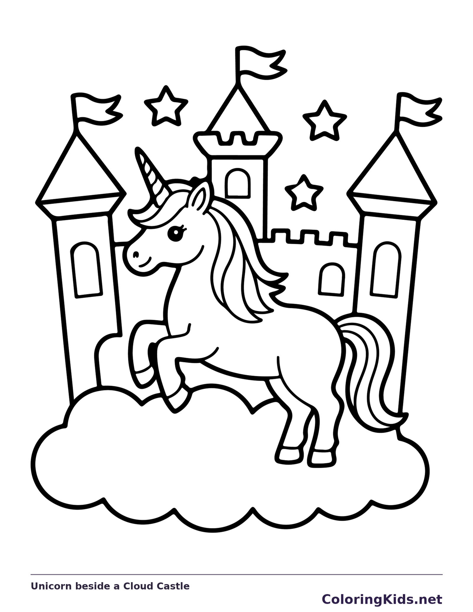 Black and white printable drawing of unicorn beside a cloud castle