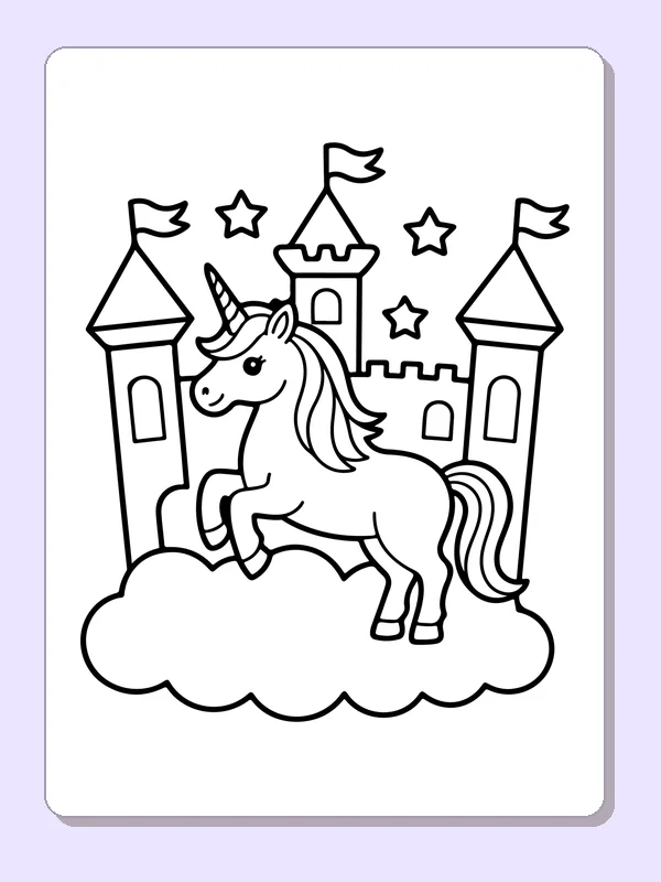 Black and white printable drawing of unicorn beside a cloud castle