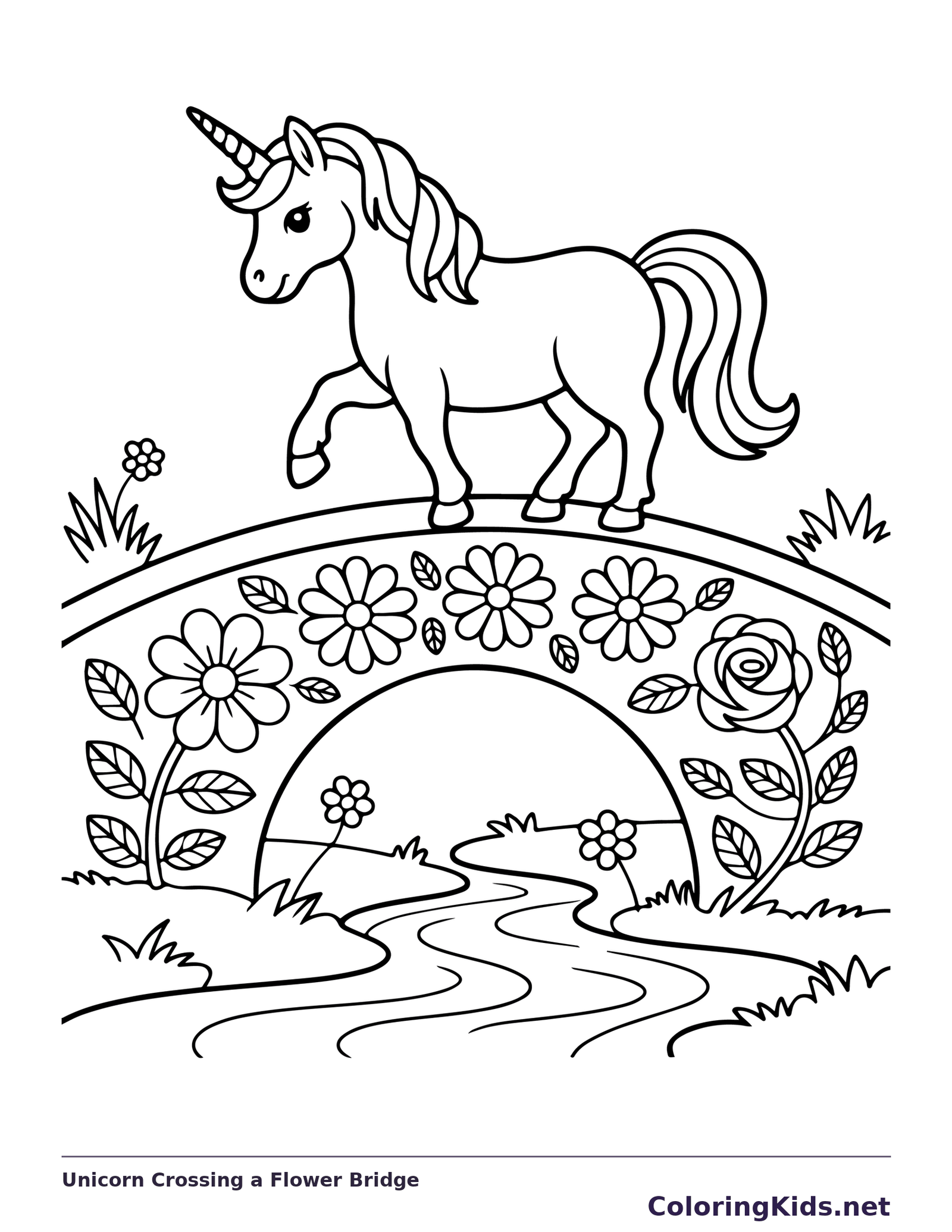 Black and white printable drawing of unicorn crossing a flower bridge