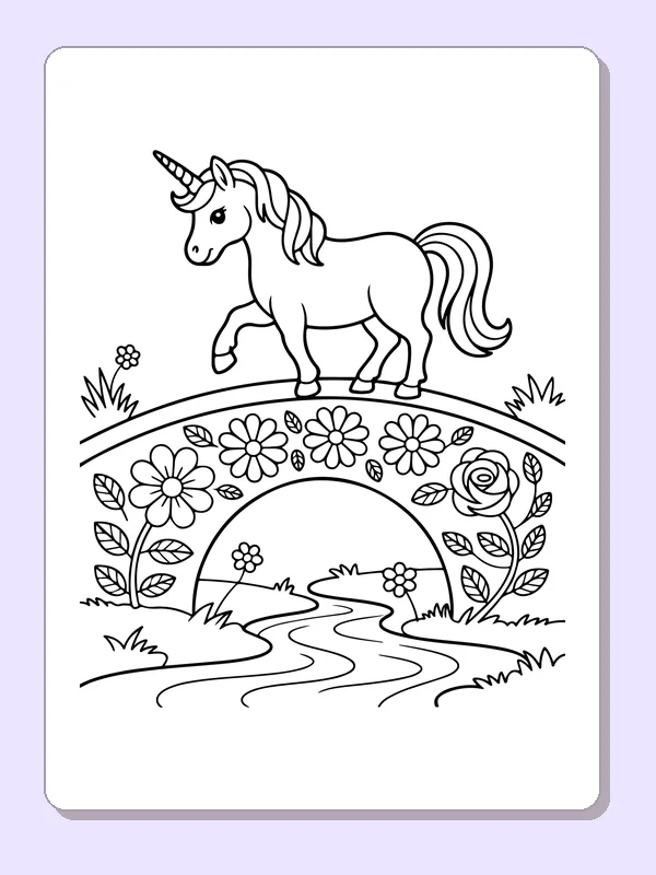 Black and white printable drawing of unicorn crossing a flower bridge