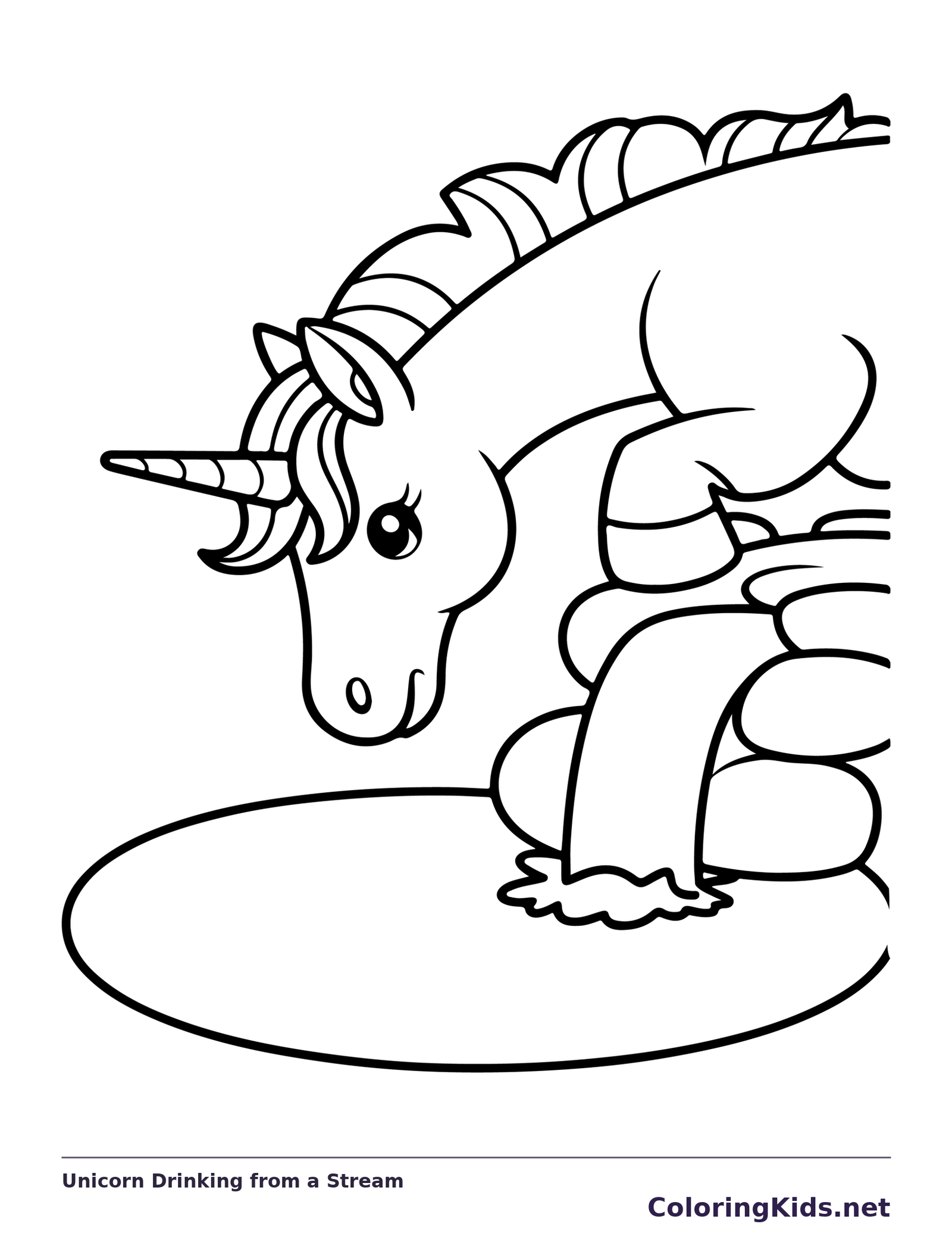 Black and white printable drawing of unicorn drinking from a stream