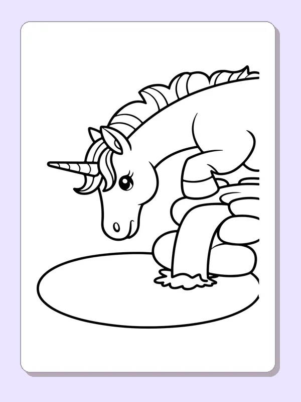 Black and white printable drawing of unicorn drinking from a stream