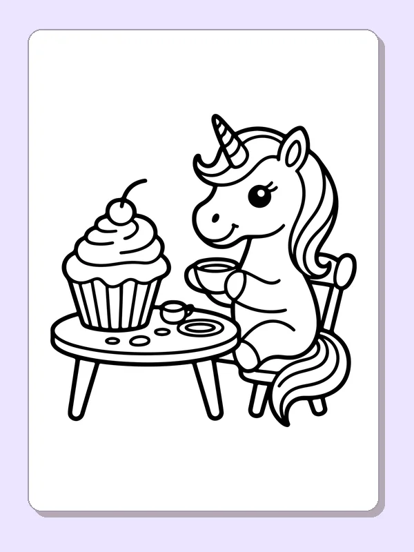 Black and white printable drawing of unicorn enjoying a cupcake