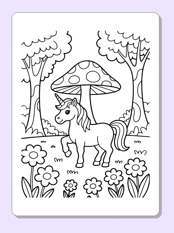 Black and white printable drawing of unicorn near a forest mushroom