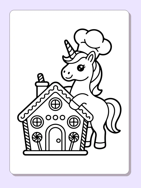 Black and white printable drawing of unicorn beside a gingerbread house