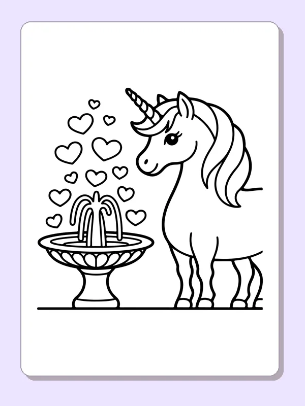 Black and white printable drawing of unicorn beside a heart fountain