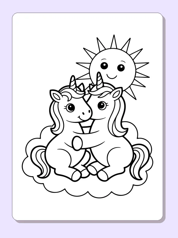 Black and white printable drawing of unicorn hugging a smiling sun