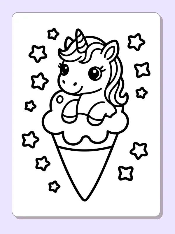 Black and white printable drawing of unicorn in an ice cream cone