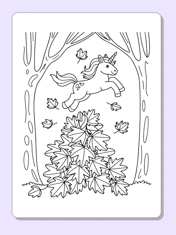 Black and white printable drawing of unicorn jumping above autumn leaves