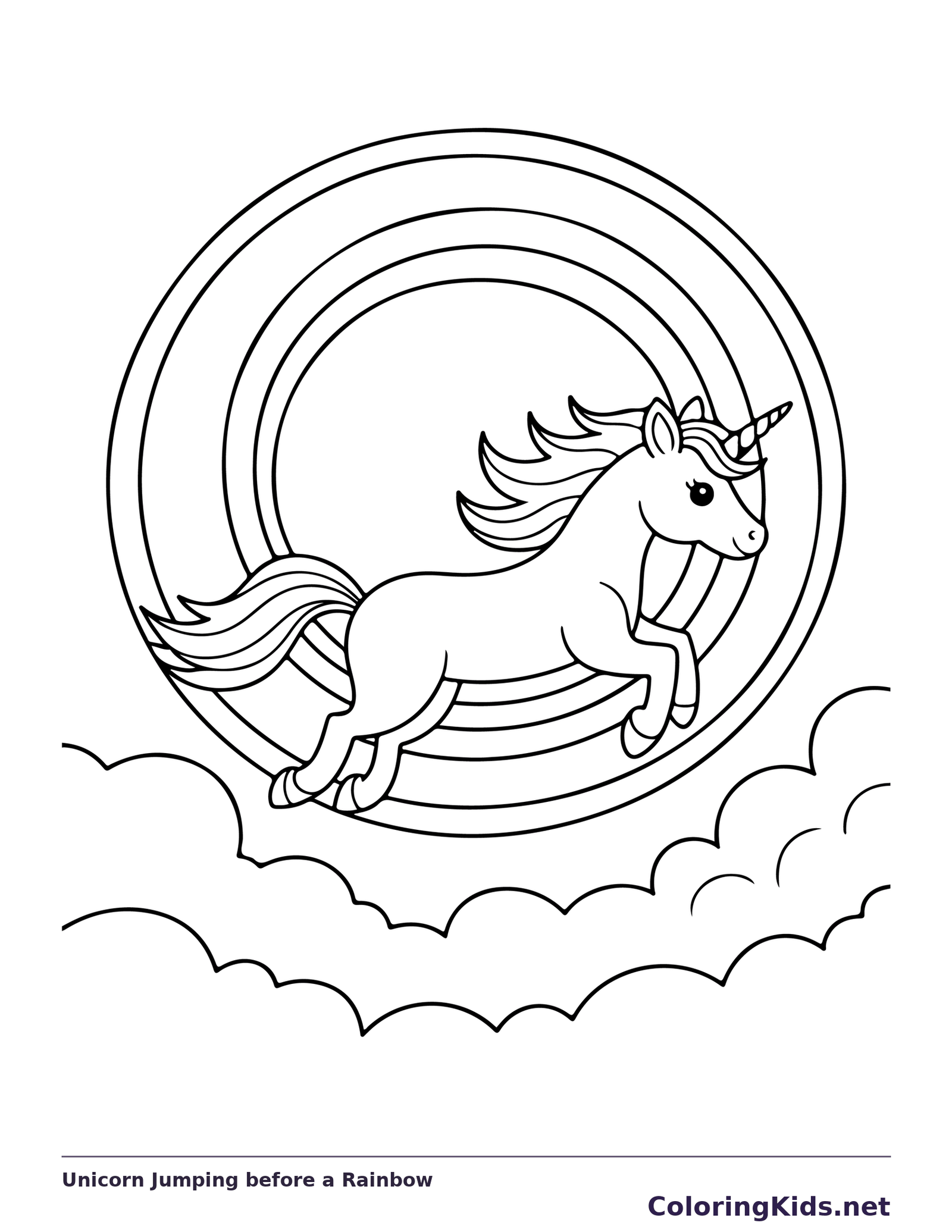 Black and white printable drawing of unicorn jumping before a rainbow