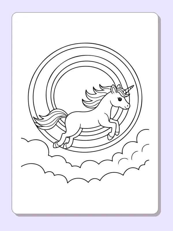 Black and white printable drawing of unicorn jumping before a rainbow