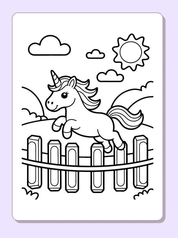 Black and white printable drawing of unicorn jumping a garden fence