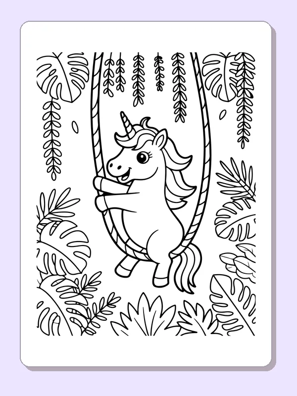 Black and white printable drawing of unicorn on a jungle swing