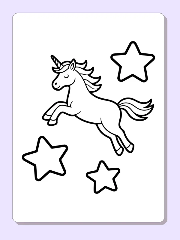 Black and white printable drawing of unicorn leaping past stars