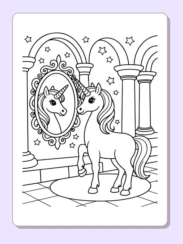 Black and white printable drawing of unicorn looking in a magic mirror
