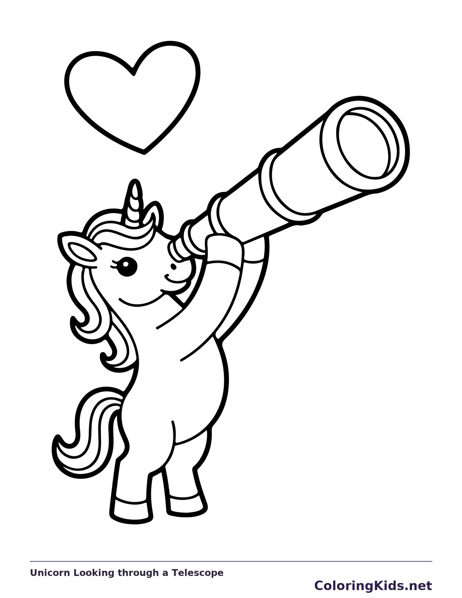 Black and white printable drawing of unicorn looking through a telescope