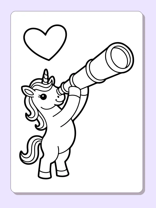 Black and white printable drawing of unicorn looking through a telescope