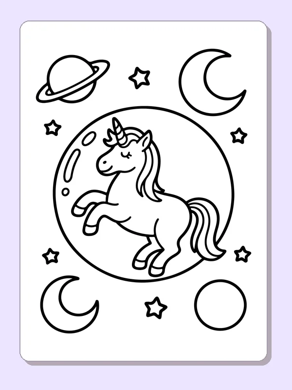 Black and white printable drawing of unicorn inside a moonlit circle