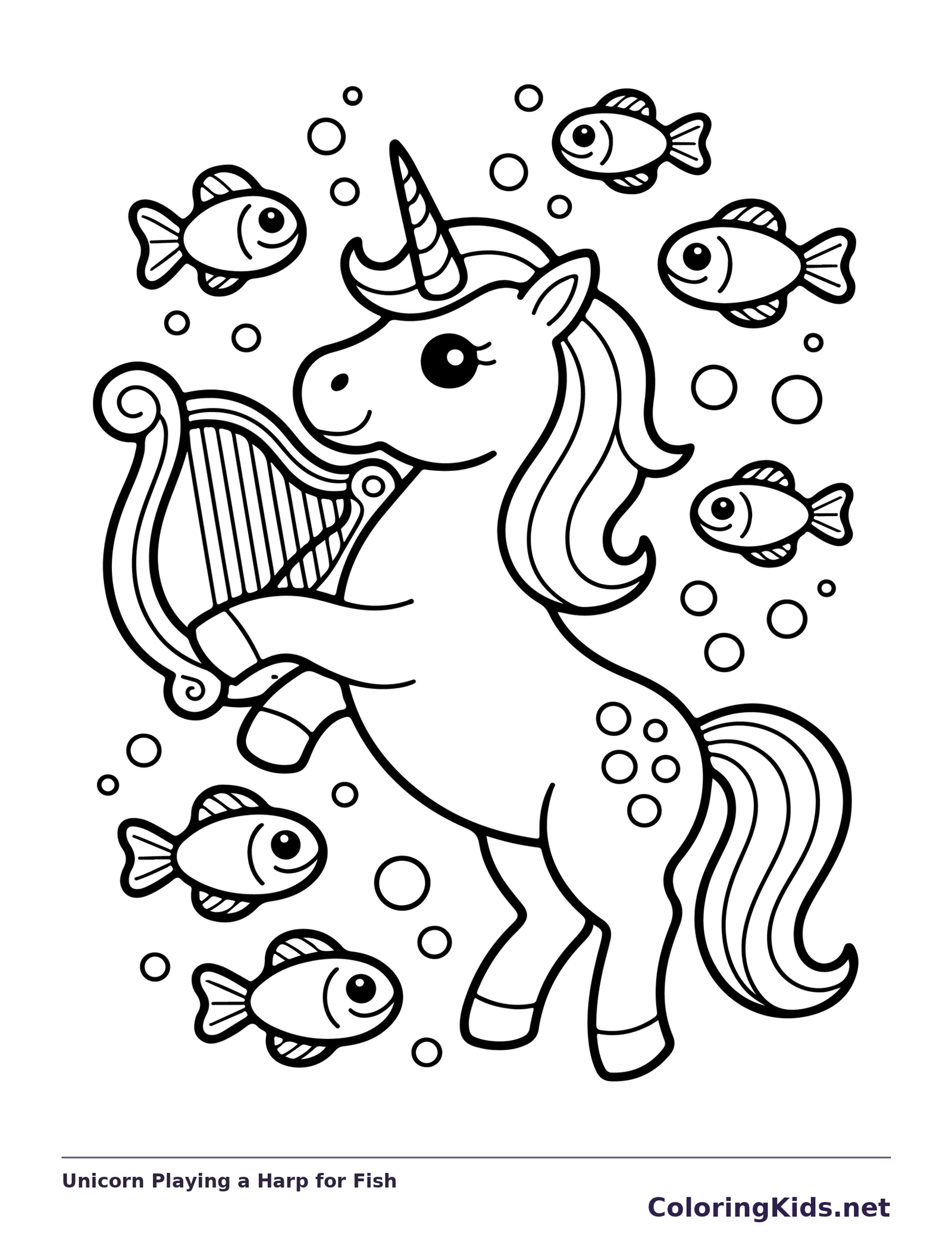 Black and white printable drawing of unicorn playing a harp for fish