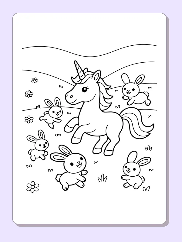 Black and white printable drawing of unicorn playing with rabbits
