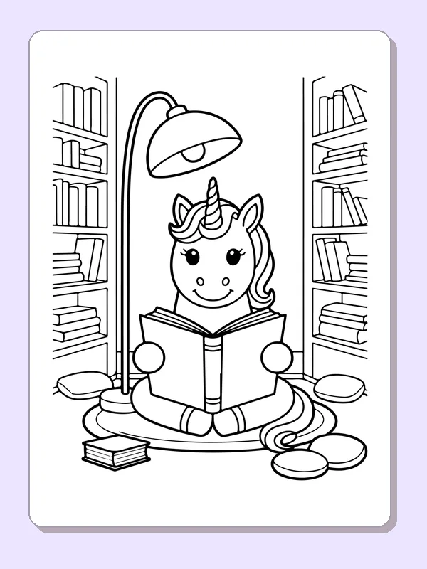 Black and white printable drawing of unicorn reading in a library