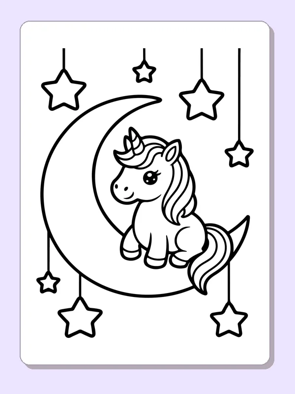 Black and white printable drawing of unicorn resting on a crescent moon