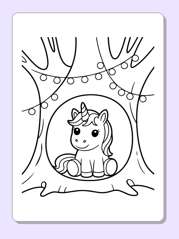 Black and white printable drawing of unicorn resting in a tree hollow