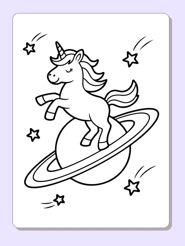 Black and white printable drawing of unicorn riding a ringed planet