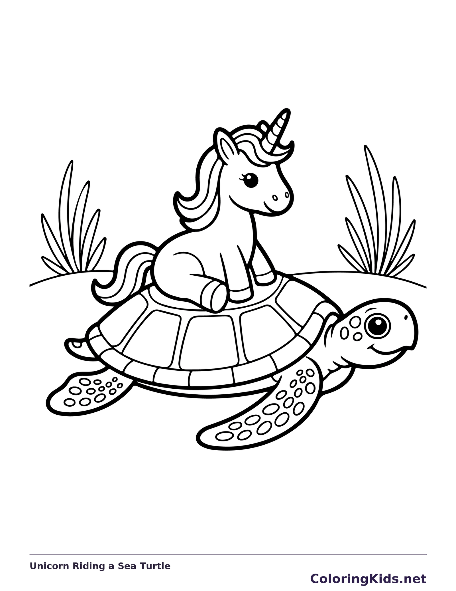 Black and white printable drawing of unicorn riding a sea turtle