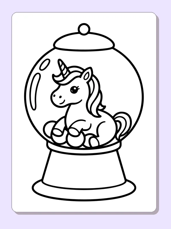 Black and white printable drawing of unicorn inside a snow globe