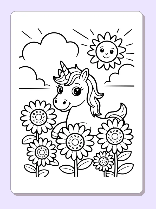 Black and white printable drawing of unicorn in a sunny flower garden
