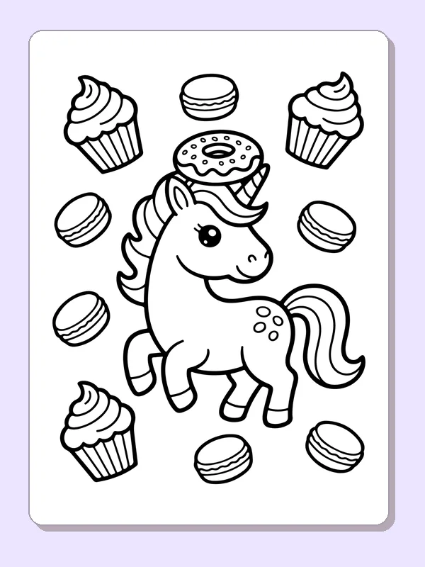 Black and white printable drawing of unicorn surrounded by cupcakes