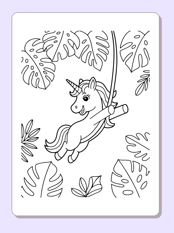 Black and white printable drawing of unicorn swinging on a jungle vine