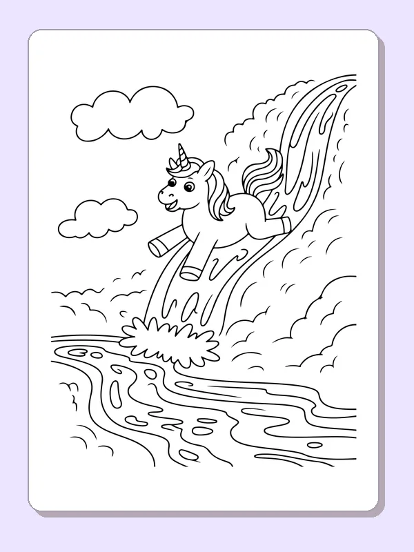 Black and white printable drawing of unicorn beside a waterfall