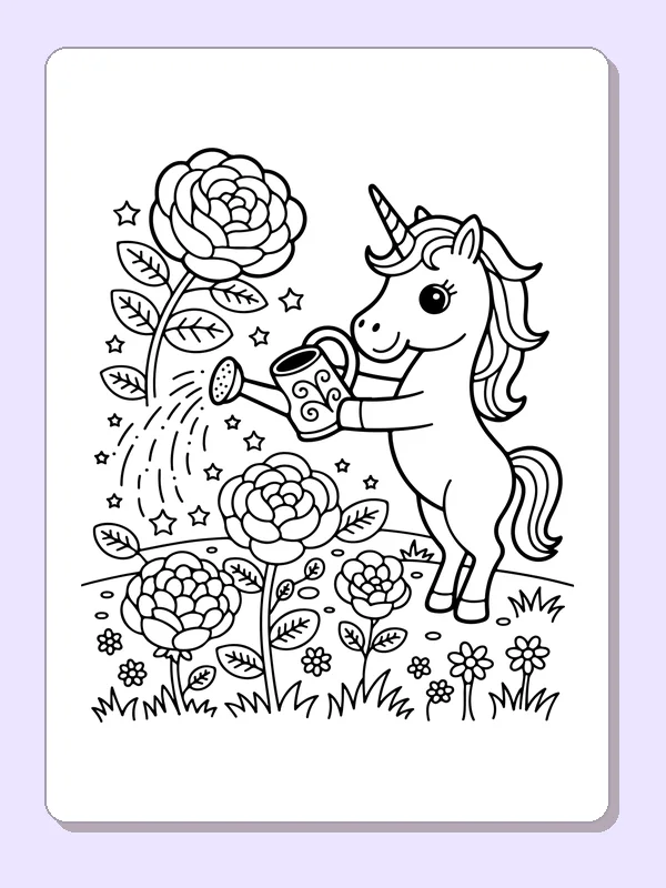 Black and white printable drawing of unicorn watering garden roses