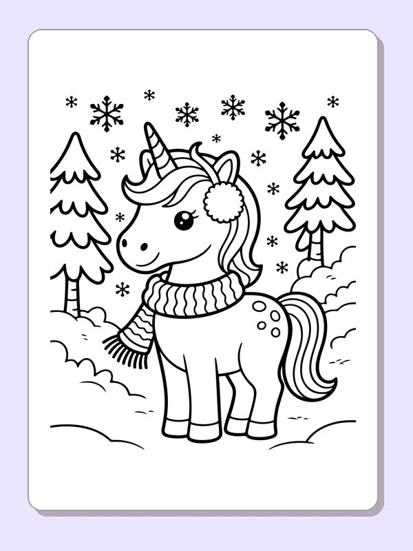 Black and white printable drawing of unicorn wearing a winter scarf