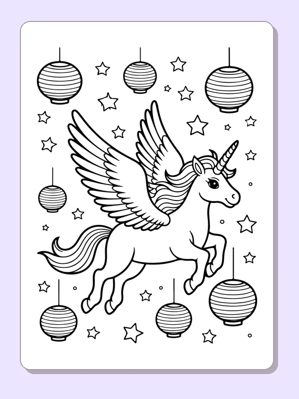 Black and white printable drawing of winged unicorn among lanterns