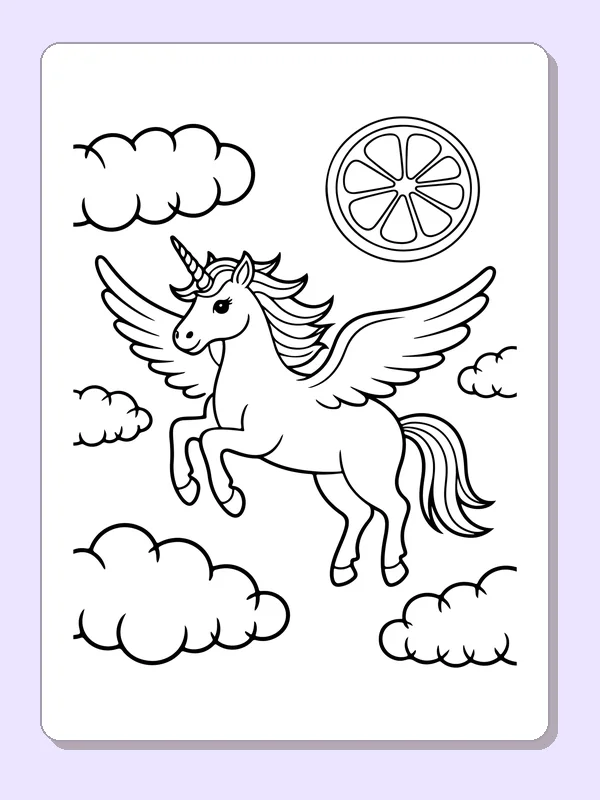 Black and white printable drawing of winged unicorn flying through clouds