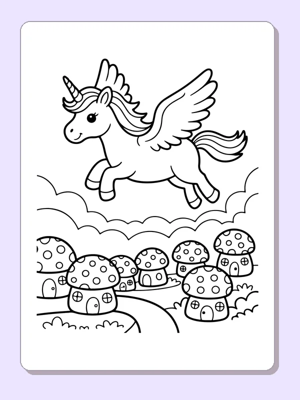 Black and white printable drawing of winged unicorn over mushroom houses
