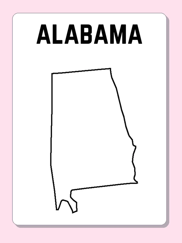 Black-and-white outline of Alabama showing a tall body and a short Gulf Coast edge
