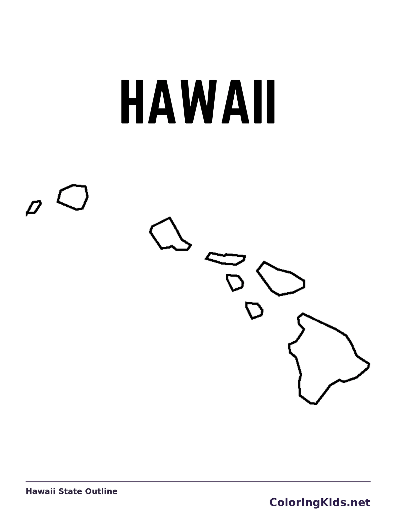 Black-and-white outline of Hawaii showing separate island shapes spread across the page