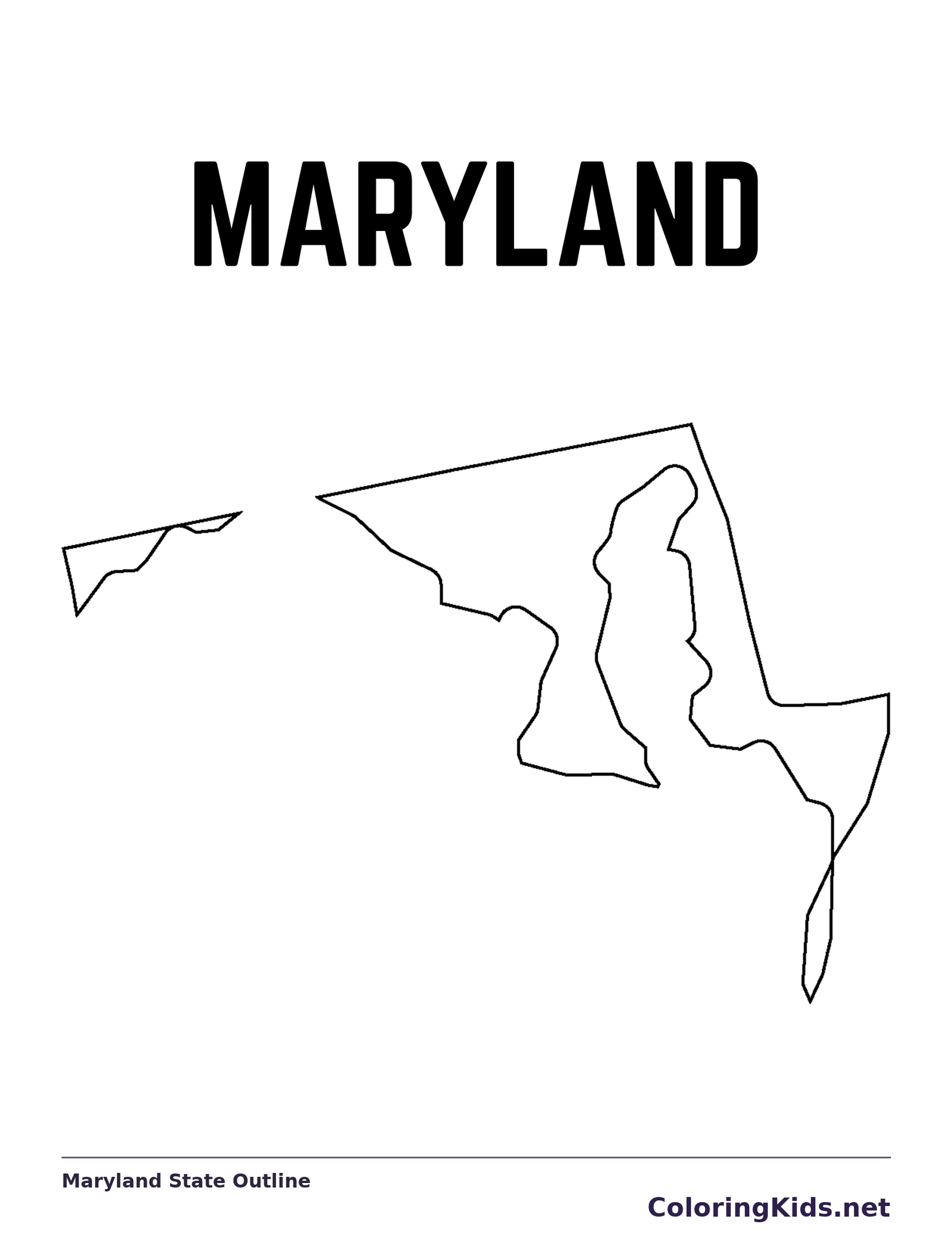 Black-and-white outline of Maryland showing a thin western reach and an intricate bay-side edge